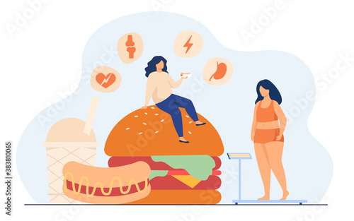 Fat woman keeping unhealthy diet, eating junk food, having high cholesterol and health problem. Vector illustration for fitness, obese people diseases, overweight concept.