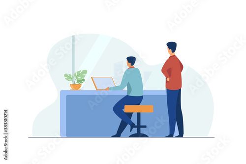 Man working on laptop and boss watching. Job, table, computer flat vector illustration. Occupation and digital technology concept for banner, website design or landing web page