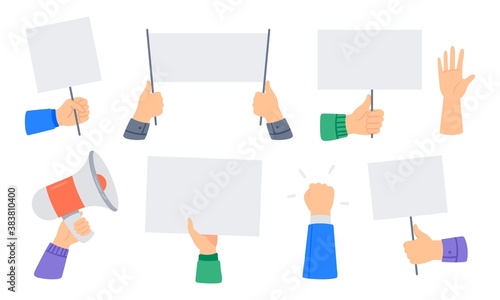 Set of protesters banners. People holding protests banners, activists with empty vote signs. Revolution, demonstration, protest, election concept. Vector flat illustration. 