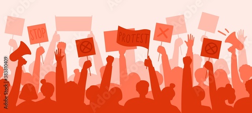 A crowd of politically active people protests. Silhouettes with posters, bullhorns. Expression of political, social position. Revolution, demonstration, protest concept. Vector flat illustration.  photo