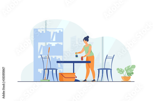 Woman cleaning and washing home. Table, apartment, house flat vector illustration. Housekeeping and housework concept for banner, website design or landing web page