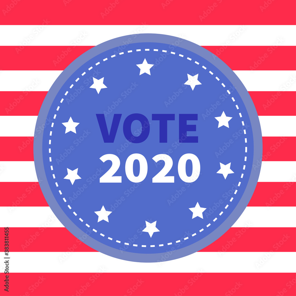 President election day Vote 2020. Blue badge. Star and strip Voting concept. American flag. Isolated. Flat design President election day Vote 2020. Blue badge. Star and strip Voting concept. American flag. Isolated. Flat design