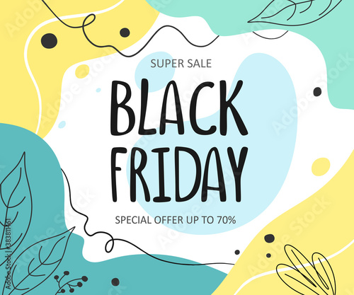 Black friday abstract modern banner with plant elements. Vector illustration in flat style.