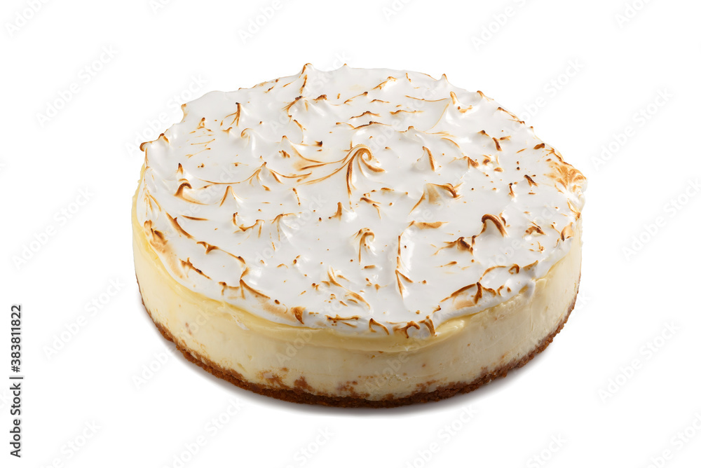 Whole glazed New York style cheesecake isolated on a white background. Whole glazed New York style cheesecake isolated on a white background.