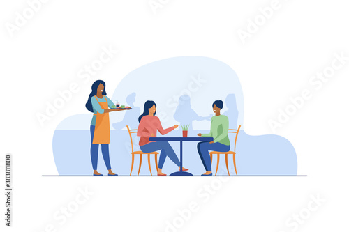 Two women sitting in cafe. Waiter, lunch, conversation flat vector illustration. Friendship and relationship concept for banner, website design or landing web page
