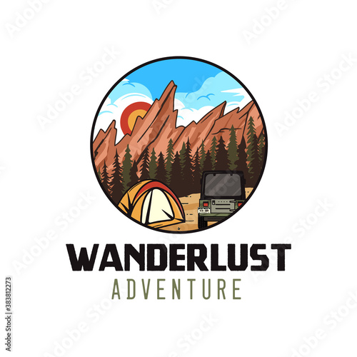 Wanderlust adventure logo, retro camping emblem design with mountains, tent and RV. Unusual vintage art style sticker. Stock vector label