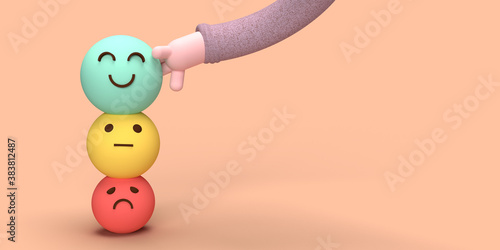 Illustration 3d d'un bra qui choisie un visage souriant heureux vert, évaluation des commentaires et avis clients positifs, expérience, enquête de satisfaction, évaluation de la santé mentale.