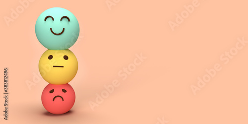 Illustration 3d d'un concept sur visage sourire heureux vert, évaluation des commentaires et avis clients positifs, expérience, enquête de satisfaction, évaluation de la santé mentale. rendu 3D