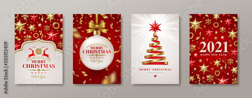 Set of Christmas and New Year greeting card. 2021 New Year poster. Background with Christmas tree and decor. Vector illustration. Holiday design for greeting card, invitation, cover, calendar, etc.