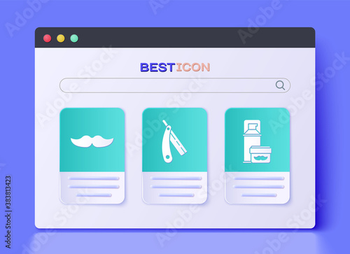 Set Straight razor, Mustache and Shaving gel foam icon. Vector.