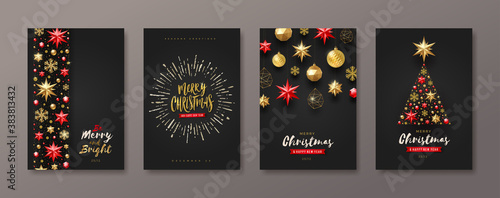 Set of Christmas and New Year greeting card.  Background with Christmas tree and decor. Vector illustration. Holiday design for greeting card, invitation, cover, calendar, etc.