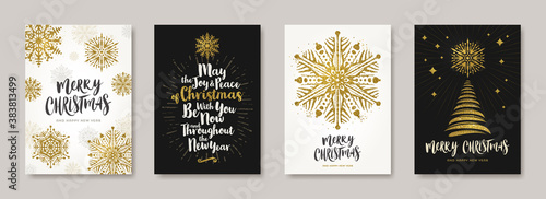 Christmas greeting card with glitter gold snowflakes, christmas tree and holiday wishes. Set of Christmas posters. Vector illustration. Design for card, cover, flyer, poster, invitation.