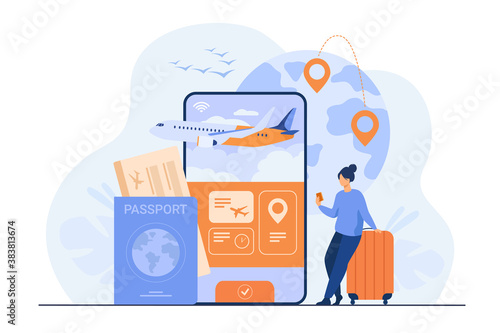 Online app for tourism. Traveler with mobile phone and passport booking or buying plane ticket. Flat illustration for vacation, digital technology, trip concept