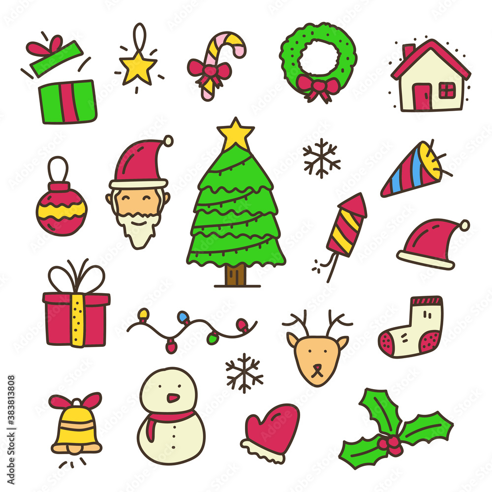 Set of cute Christmas vector elements isolated on white background. Colorful Christmas doodle illustration Set of cute Christmas vector elements isolated on white background. Colorful Christmas doodle illustration
