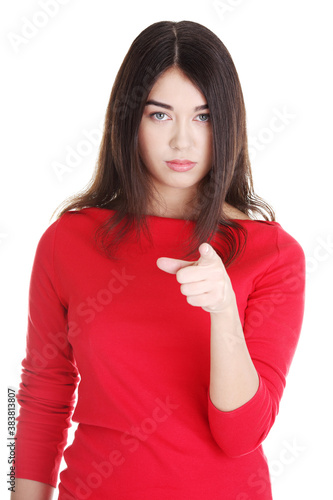 Young beautiful caucasian woman pointing on you  photo