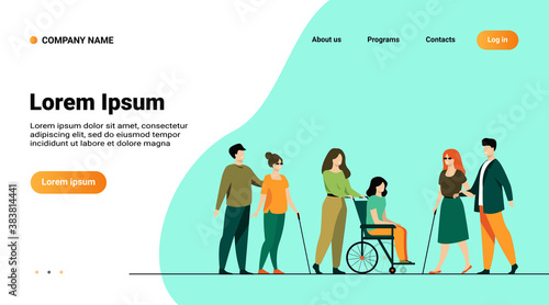 Volunteers helping disabled friends in outdoor walking, leading blind people or wheeling wheelchair. Can be used for disability, diversity, assistance concept