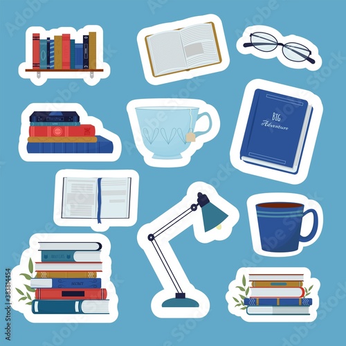 Set of stickers with stack of books, bookshelf, lamp and glasses isolated. Stylish Modern print with books.