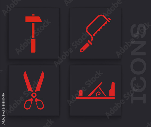 Set Wood plane tool, Hammer, Hacksaw and Scissors icon. Vector.