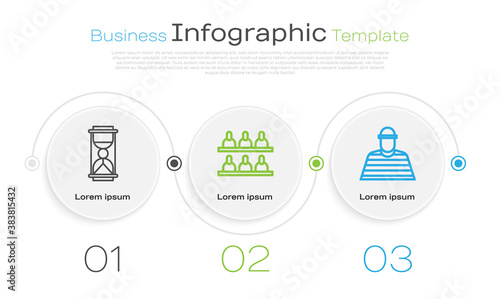 Set line Old hourglass with sand, Jurors and Prisoner. Business infographic template. Vector.