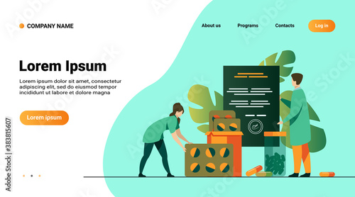 Tiny pharmacists with RX prescription and drugs isolated flat vector illustration. Pharmaceutical patent for medications and painkillers. Pharmacy and medicine concept