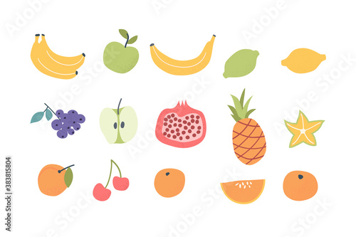 Doodle hand drawn fruits set. Vegan tropical fruits