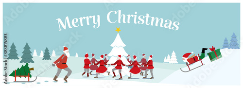 Christmas Greetings. Santas dancing around a christmas tree in a snowy landscape. Santa pulling a sleigh with a christmas tree. Santa Claus sliding down on a sledge with a christmas gift behind. 