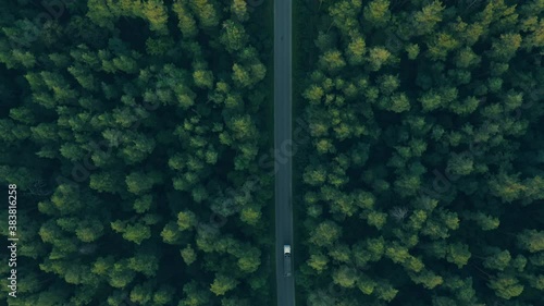 Top view of cargo truck driving on the forest road, transportation, shipping
