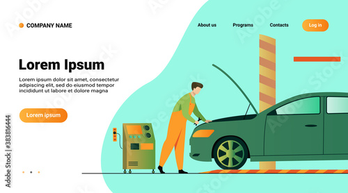 Auto mechanic repairing vehicle engine isolated flat vector illustration. Cartoon man fixing or checking car with open hood in garage. Service and maintenance concept