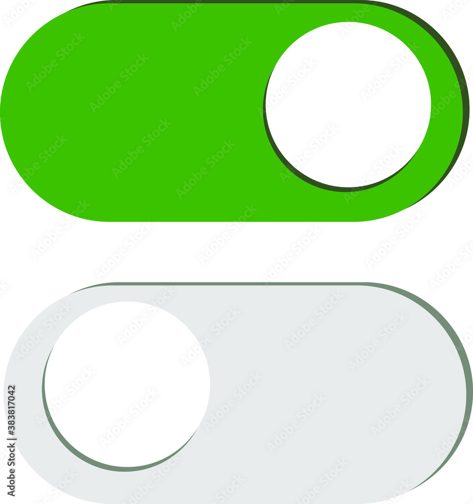 Toggle switch icon, green in on position, grey in off, vector illustration in flat design. template for mobile applications, web design Toggle switch icon, green in on position, grey in off, vector illustration in flat design. template for mobile applications, web design