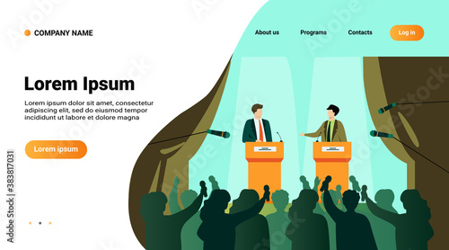 Politicians talking or having debates in front of audience flat vector illustration. Cartoon male public speakers standing on rostrum and arguing. Politics, government and controversy concept