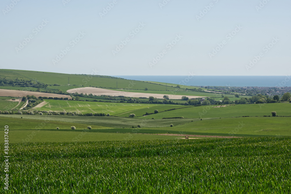 Landscape of agricultural fields on the South Downs Countryside, Sussex, England