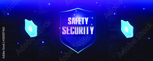 Safety and security. Futuristic cyber banner with the concept of protecting your data from unauthorized hacking. Shield. Cyber security. Secure login via touch ID. Vector illustration
