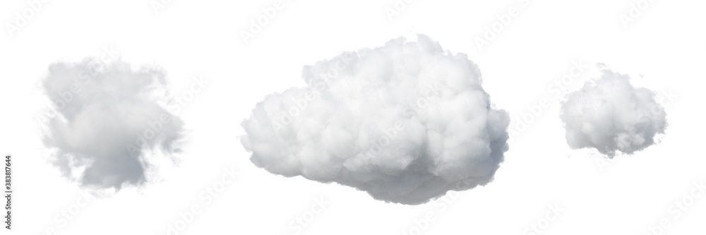 3d render. Collection of random shapes of abstract clouds. Cumulus different views clip art isolated on white background. - obrazy, fototapety, plakaty 