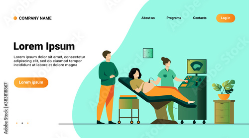 Prenatal care concept. Sonographer scanning and examining pregnant woman while expecting father looking at monitor. Vector illustration for medical examination, sonography, ultrasound test topics
