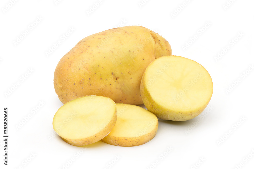 Fresh raw potatoes with sliced isolated on white background. Fresh raw potatoes with sliced isolated on white background.