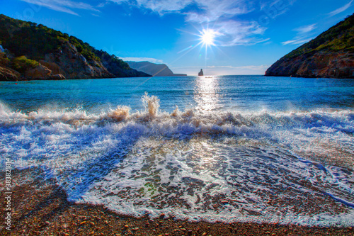 Ibiza Cala Benirras sunset beach in san Juan at Balearic photo