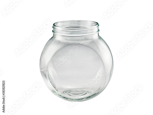 A transparent glass bottle in a white background