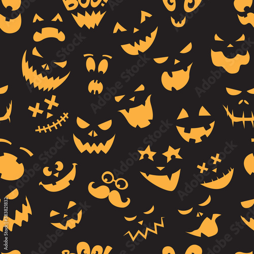 Seamless pattern Of Vintage Happy Halloween flat emotocons. Halloween Scrapbook Elements. Vector illustration. Cute Halloween Characters.