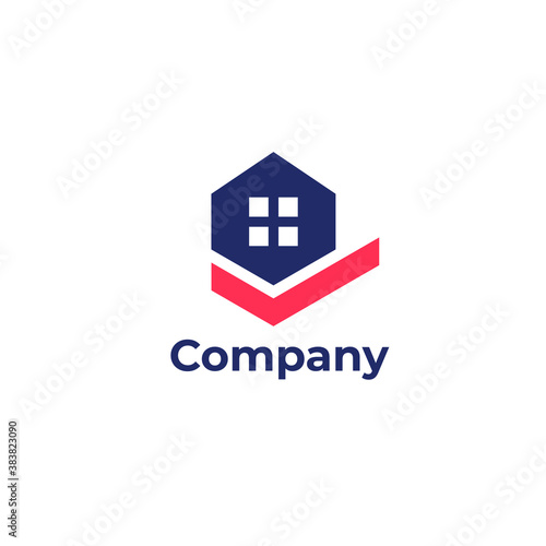Real estate logo design. House + checkmark. Vector logotype template. 
