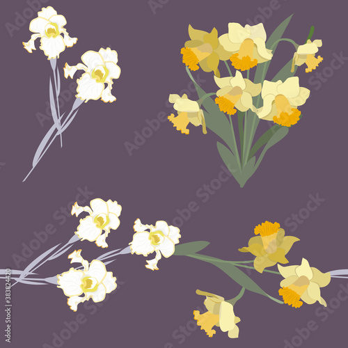 Seamless vector illustration with daffodils and irises