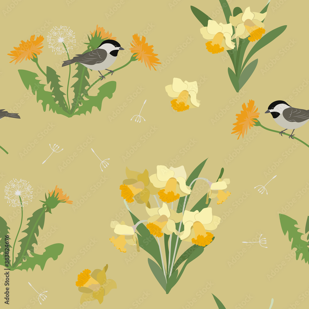 Seamless vector illustration with daffodils, dandelions and sparrows.