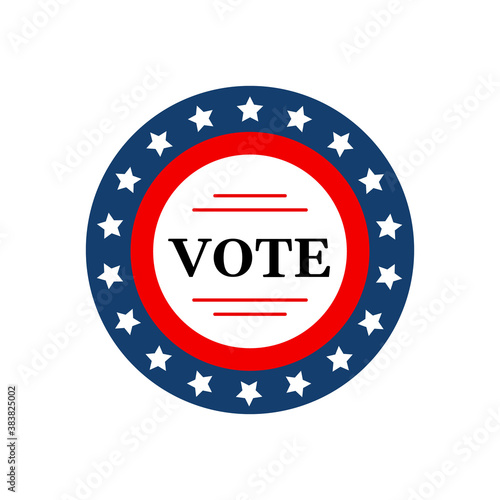Round VOTE sign badge with American flag elements stars frame in blue red white colors. Presidential election campaign slogan