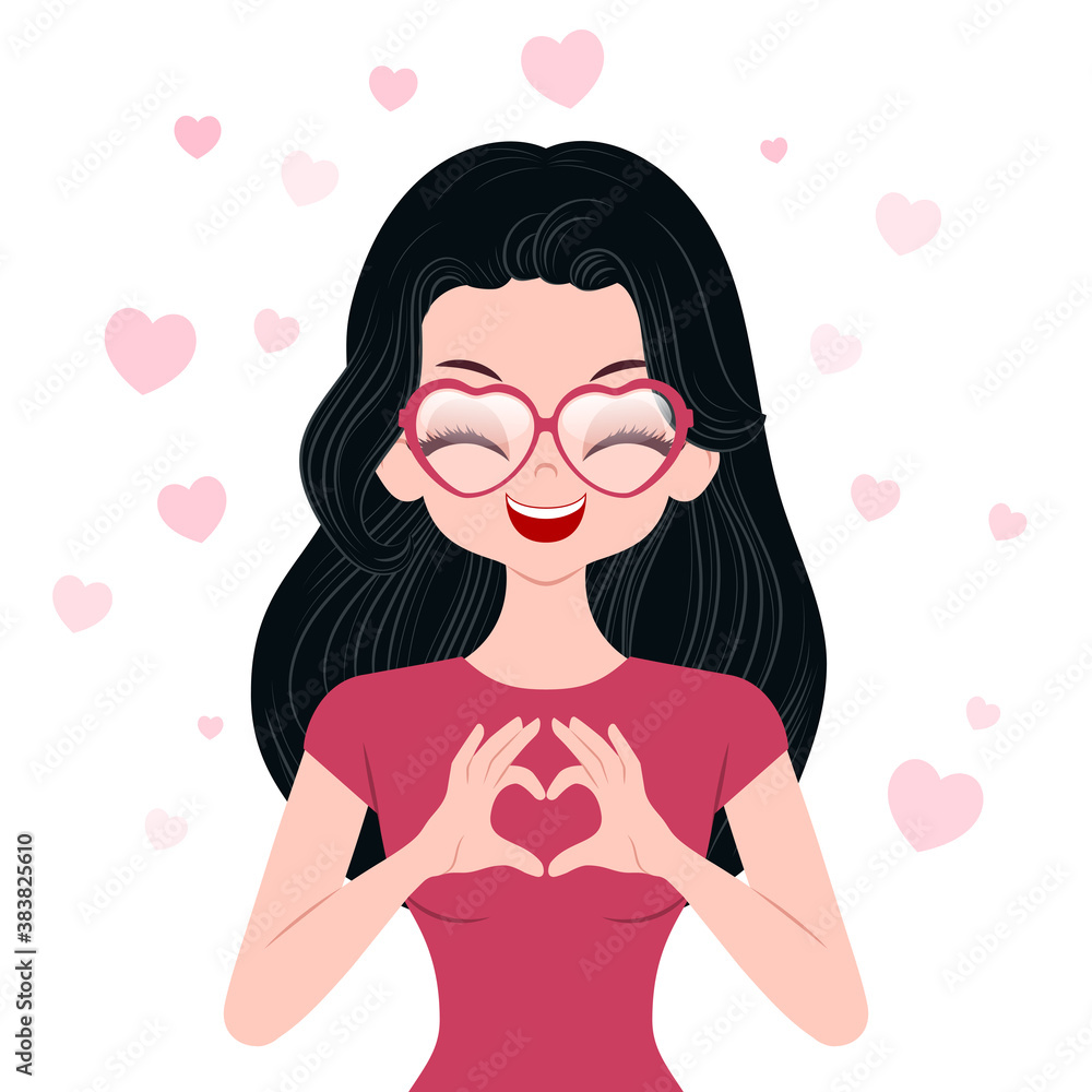 Young woman character wearing heart-shaped eyeglasses making a heart gesture with her fingers. Valentines day greeting card template Young woman character wearing heart-shaped eyeglasses making a heart gesture with her fingers. Valentines day greeting card template