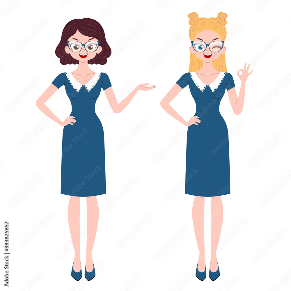 Young women characters with different gestures isolated on white background Young women characters with different gestures isolated on white background