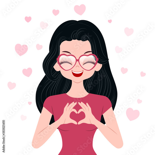 Young woman character wearing heart-shaped eyeglasses making a heart gesture with her fingers. Valentines day greeting card template