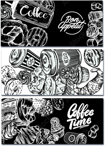 Vector illustration. Black and white line drawing. Postcards. Coffee theme. Various pastries. Cups of coffee. Various goodies. Menu for a coffee shop.