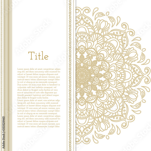 Beautiful golden mandala greeting card, white card invitation menu brochure postcard background