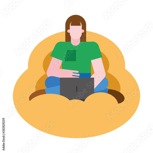 woman cartoon with laptop on puf vector design