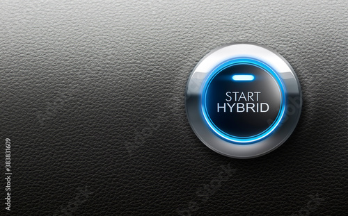 Start hybrid button with blue light - 3D illustration