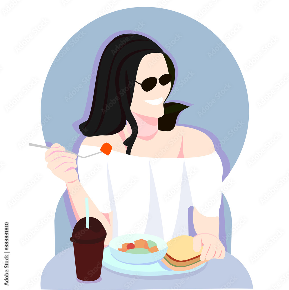 woman smile and eating sandwich, salad, milkshake with flat design woman smile and eating sandwich, salad, milkshake with flat design